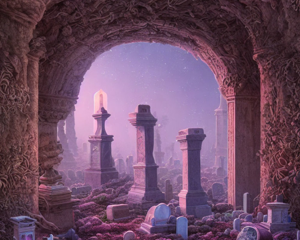 Violet-Hued Landscape with Ruins, Pillars, and Tombstones