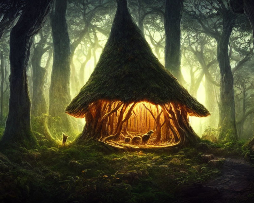 Enchanted forest scene with glowing thatched hut and misty trees