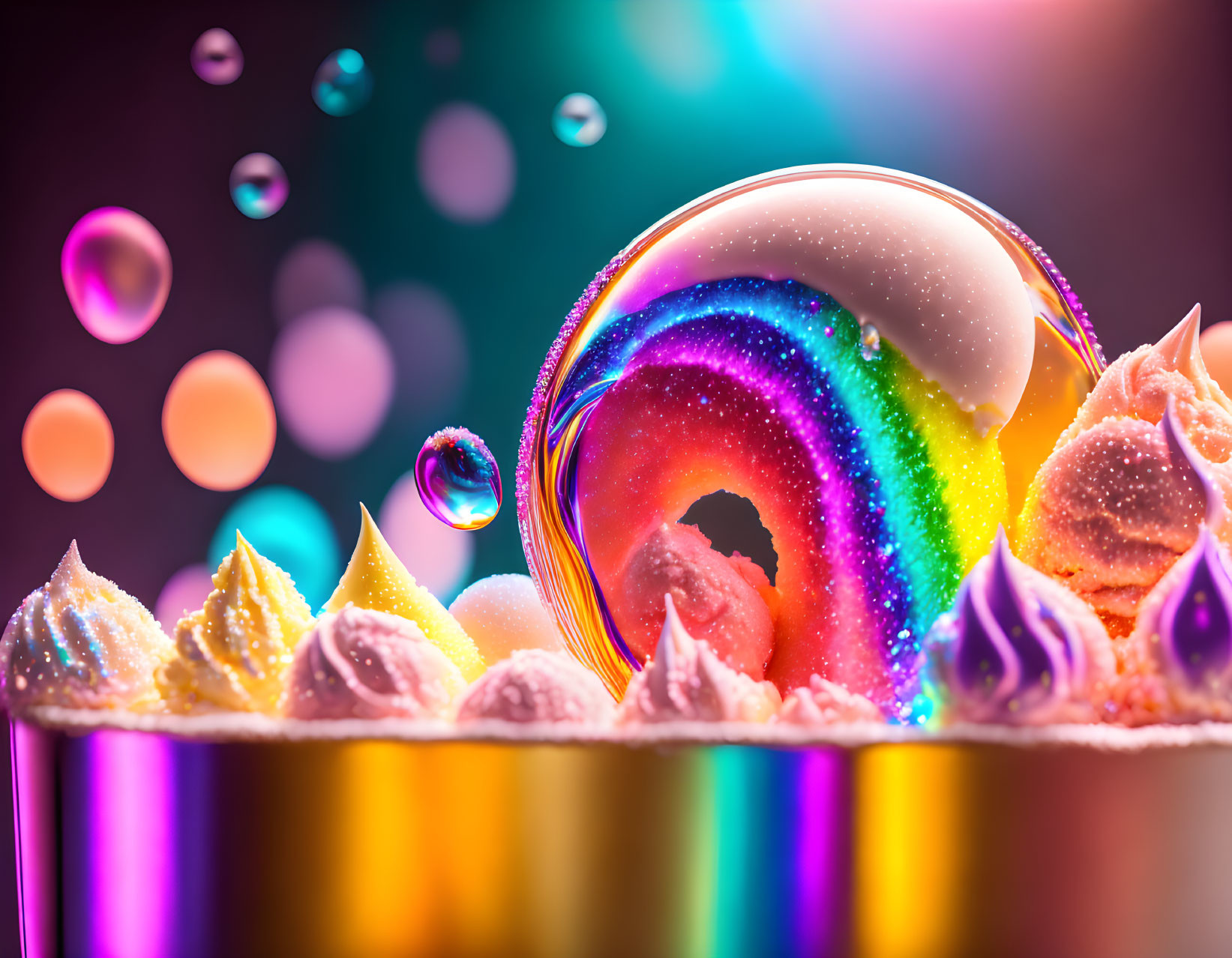 Colorful soap bubbles with swirling patterns on vibrant background