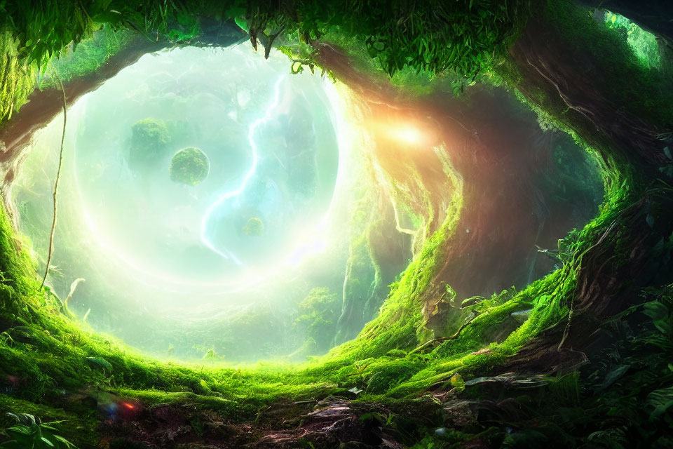 Mystical forest clearing with glowing orbs in fantastical sky