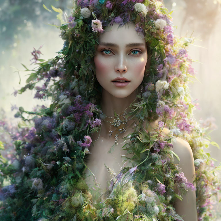 Portrait of woman with floral wreath in mystical light among blooming setting