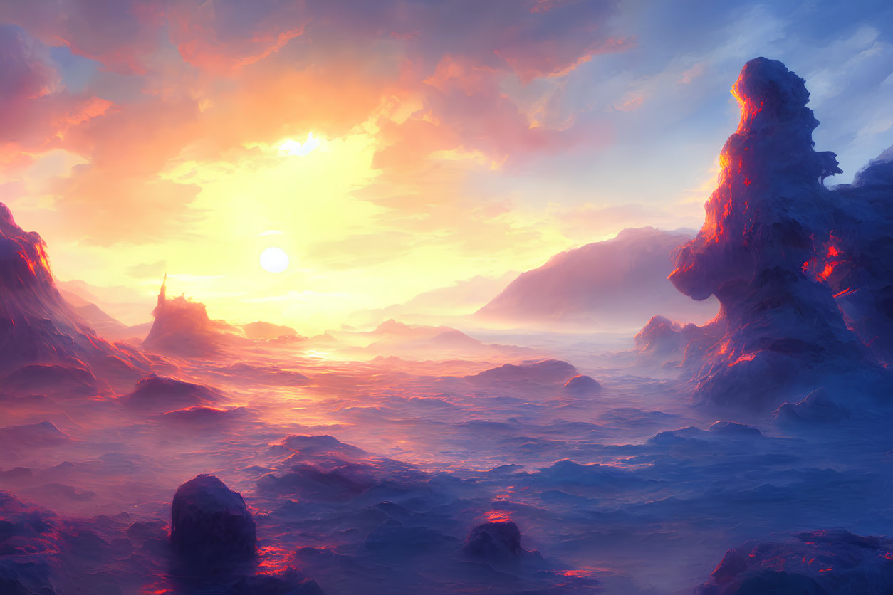 Misty clouds over lava sea under vibrant sunset sky