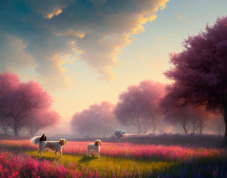 Vibrant meadow scene with two dogs under blossoming trees