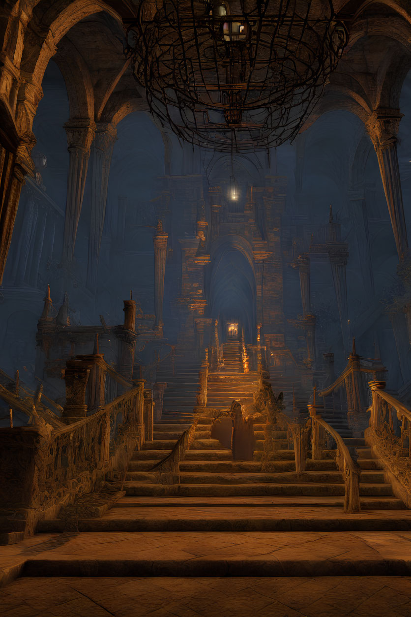 Grand Gothic cathedral interior with central staircase and ornate pillars.