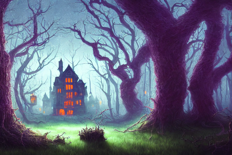 Eerie forest scene: spooky mansion among twisted trees