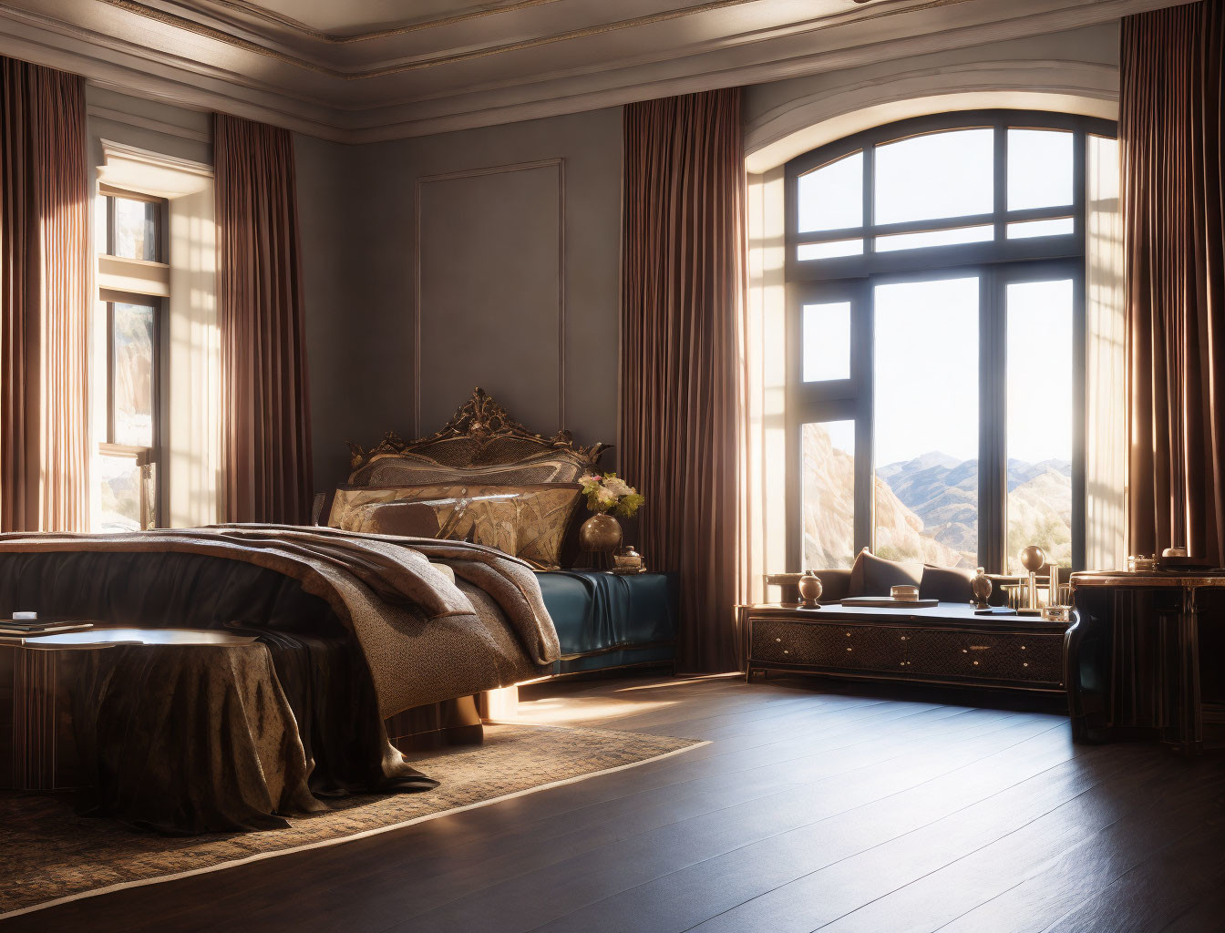 Luxurious Bedroom with Large Bed, Mountain View, and Sunlight