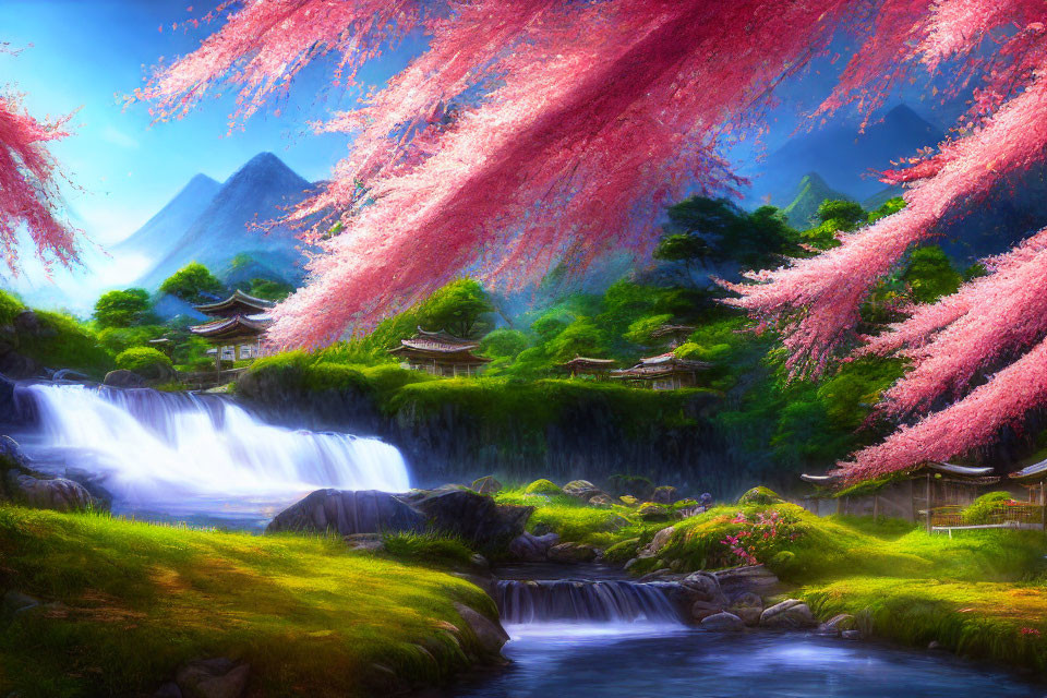 Tranquil landscape with cherry blossoms, waterfall, and traditional buildings.