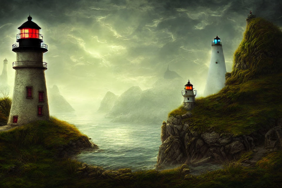 Three lighthouses on rocky outcrops under dramatic cloudy sky