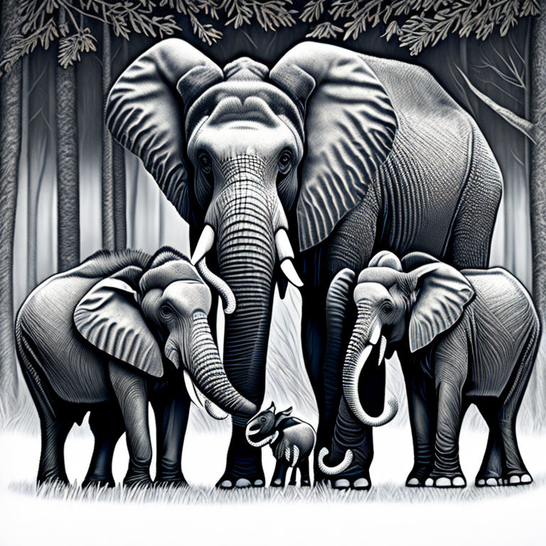 Detailed black and white illustration: Three elephants with skin textures under pine branches