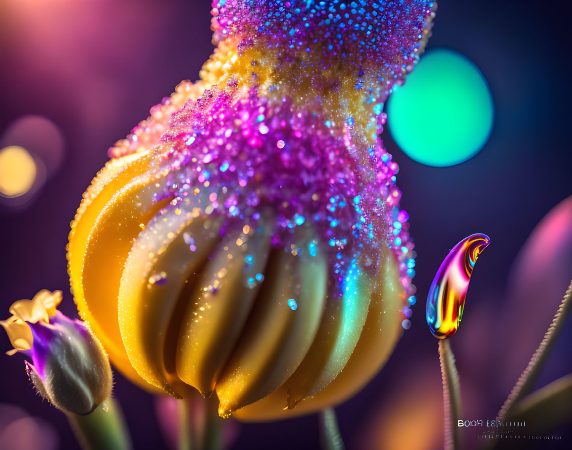 Macro shot of yellow flower with sparkling dew and dripping droplet