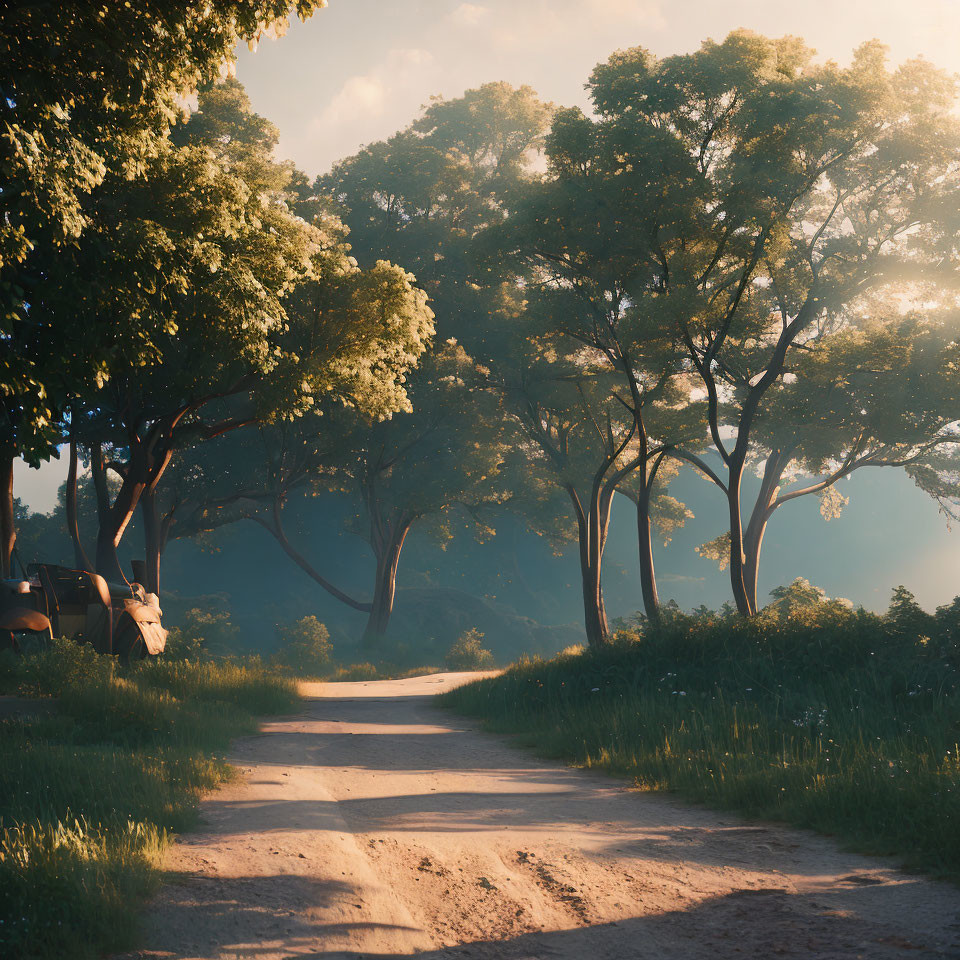 Tranquil dirt road surrounded by green trees and grass in soft light