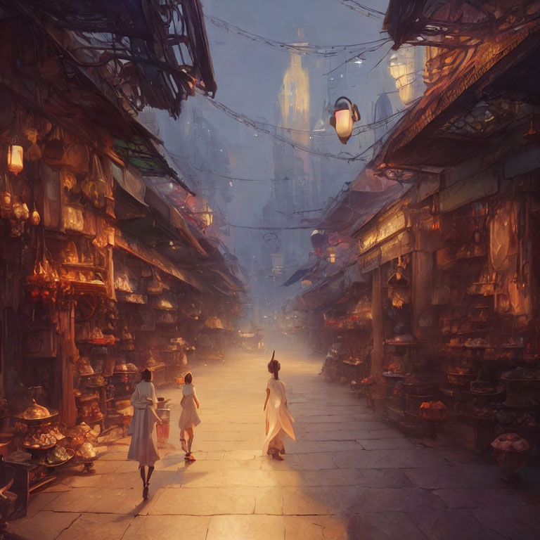 Individuals in bustling market alley with lanterns and glowing tower.