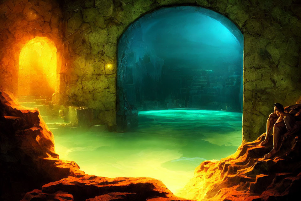 Person sitting by luminous pool in mystical cavern with glowing archways