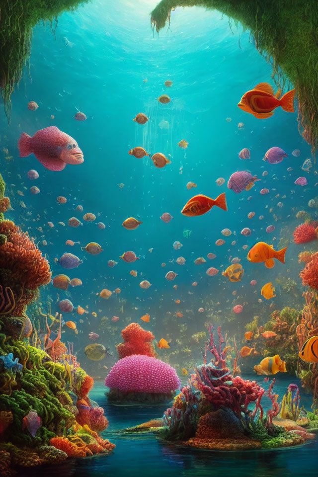 Colorful Fish Swimming Amongst Coral Reefs in Vibrant Underwater Scene