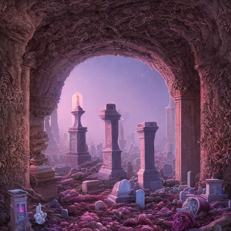 Violet-Hued Landscape with Ruins, Pillars, and Tombstones