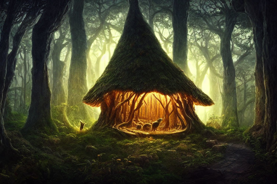 Enchanted forest scene with glowing thatched hut and misty trees