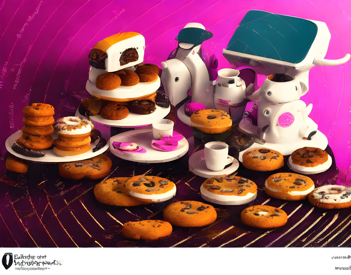 Robots serving desserts on a purple backdrop