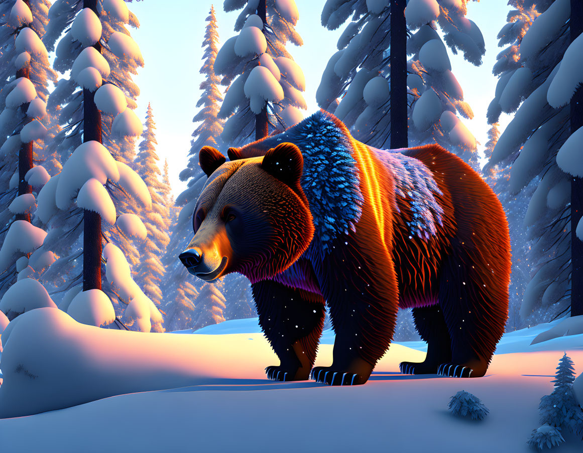 Colorful Neon Outlined Bear in Snowy Twilight Forest