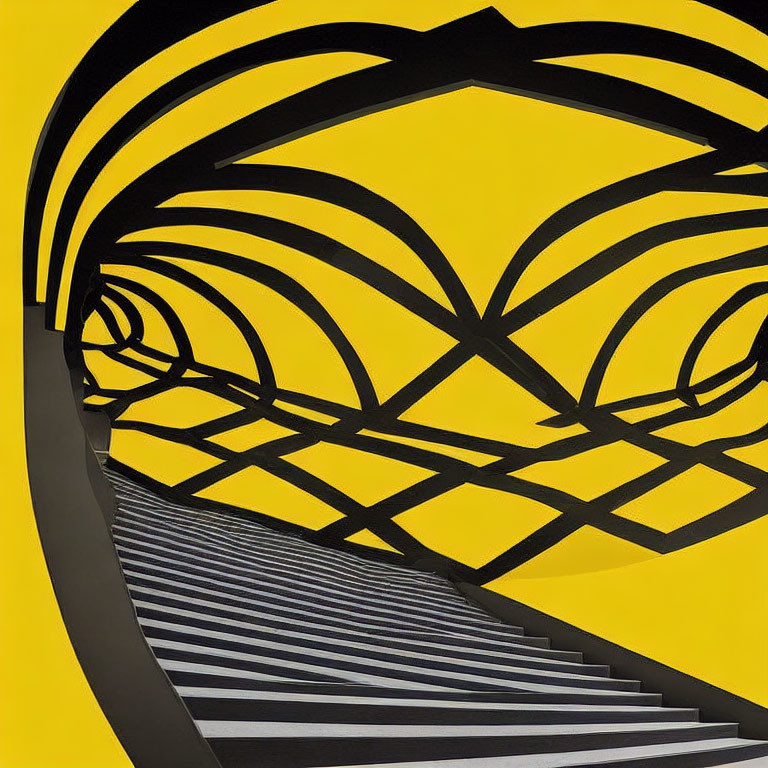 Monochrome geometric staircase on vibrant yellow background