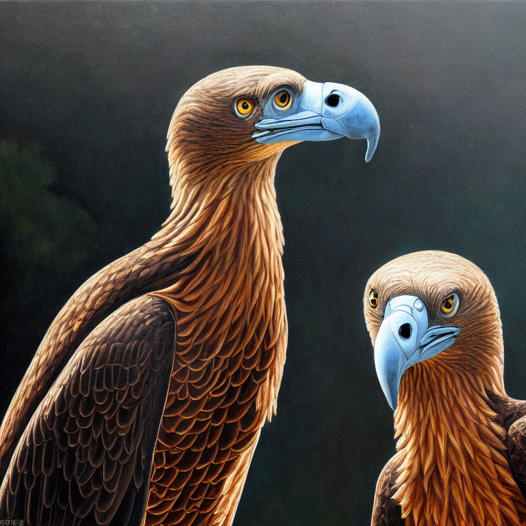 Detailed plumage and piercing gazes of two golden eagles on dark background