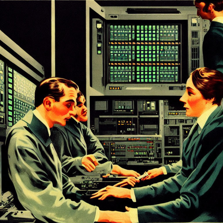 Vintage Computer Room Illustration with Four Individuals