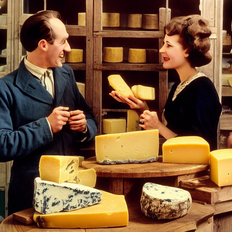 Vintage-dressed man and woman chat over cheese at wooden counter