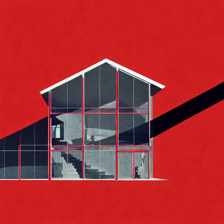 Minimalist Graphic of Transparent House with Black Staircase on Red Background