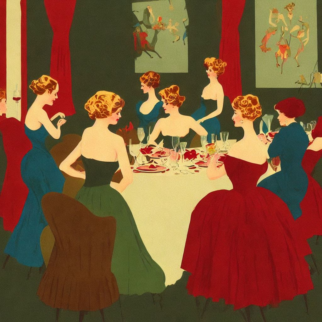 Vintage Illustration of Women in Formal Attire Around Dinner Table