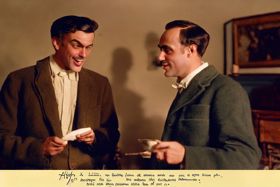 Two men in vintage attire sharing a humorous moment with a note.