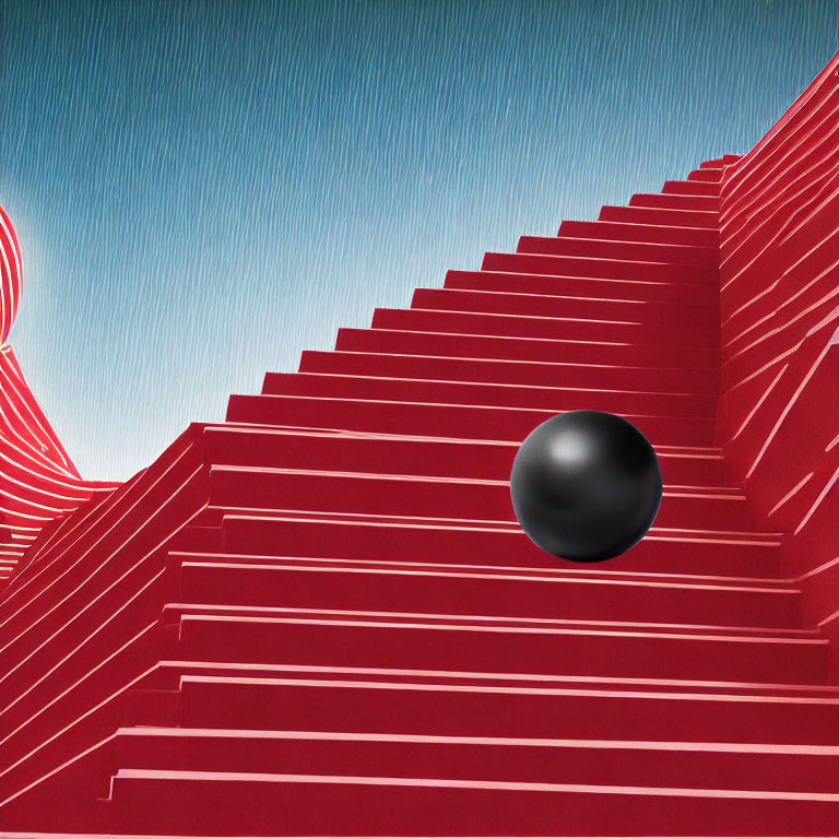 Black Sphere on Red Stairs with White Edges in Surreal Abstract Scene