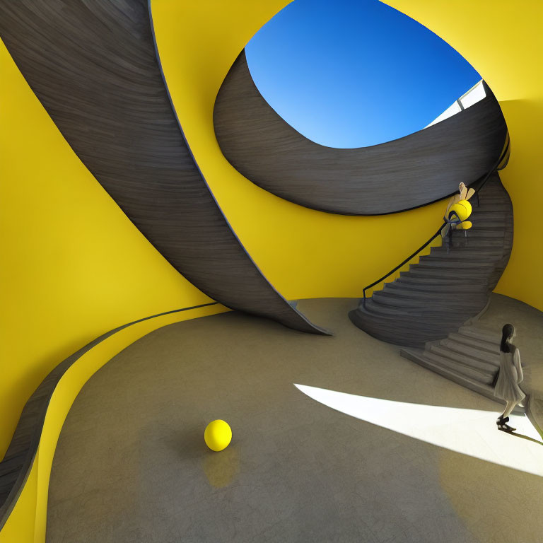 Modern interior with yellow walls, black staircase, two people, and yellow sphere.