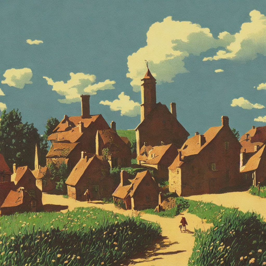 Rustic village illustration with quaint houses and lone figure