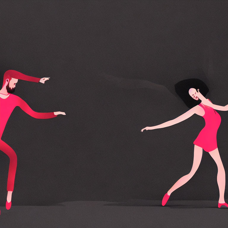 Stylized red figures in dynamic poses on dark background