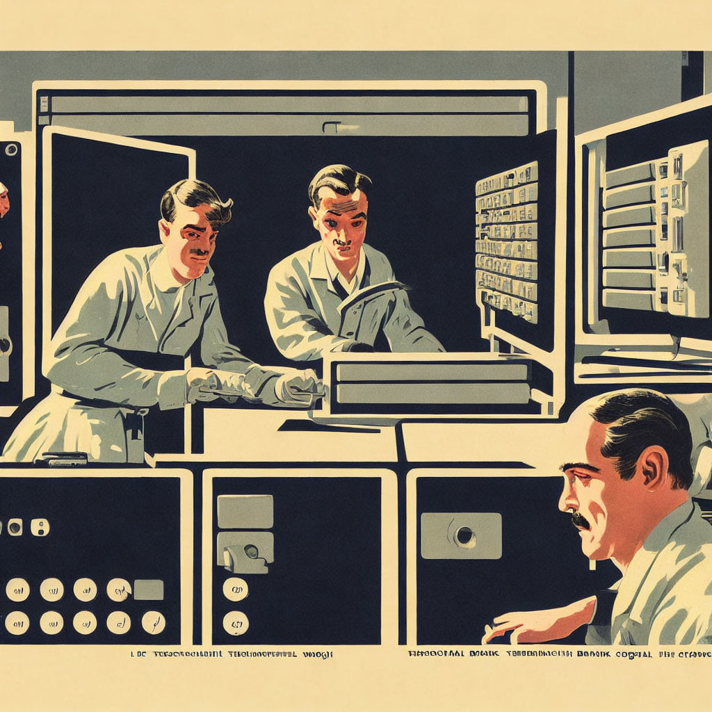 Vintage illustration of men working with early computer equipment