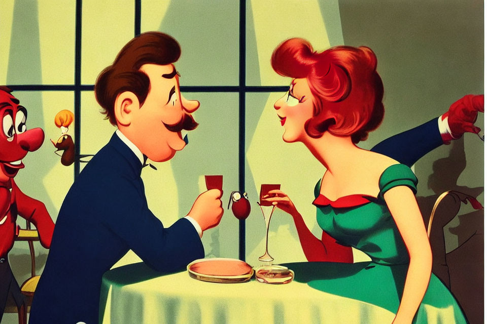 Man with Mustache and Woman Smiling at Dinner Table with Red Character