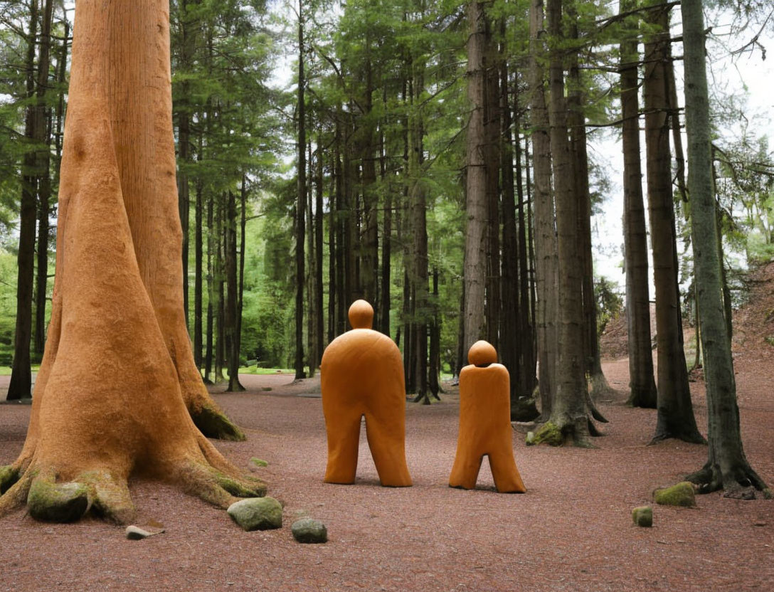 Human-shaped sculptures with round heads in forest setting