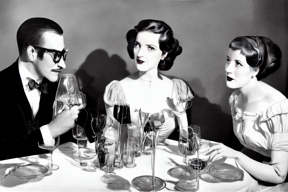 Vintage Attired Trio Conversing at Table with Glasses