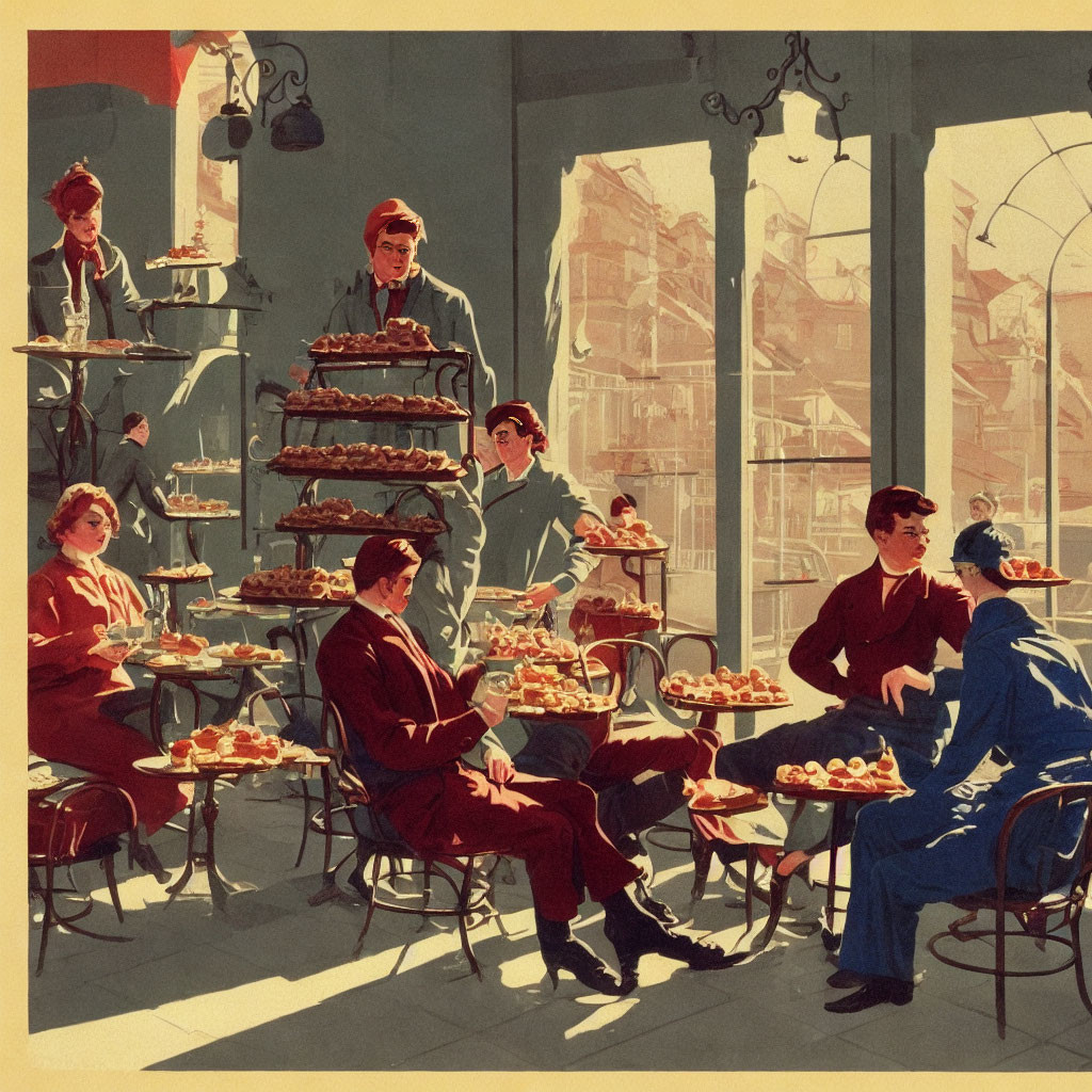 Illustration of People in Uniforms at Bakery with Pastries