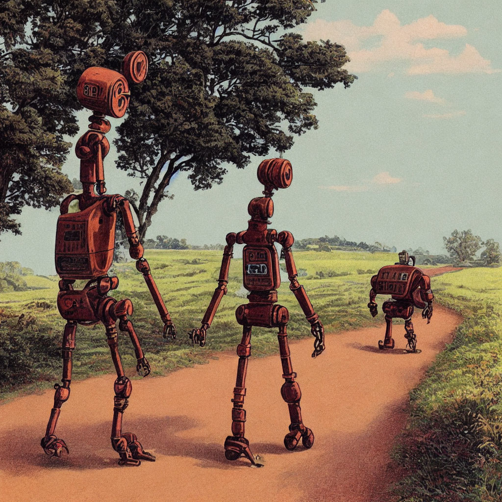 Vintage-Style Robots Walking in Countryside Landscape