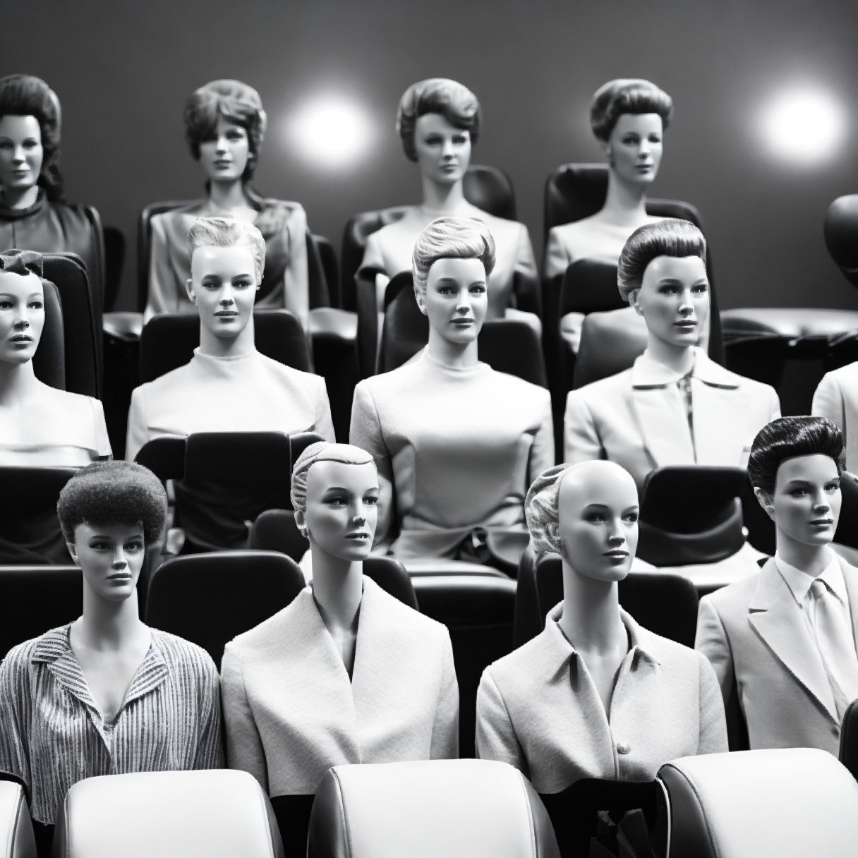 Display of mannequin heads with various hairstyles in dimly lit setting