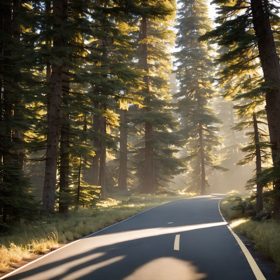 Sunlit Forest Road with Towering Trees and Warm Atmosphere