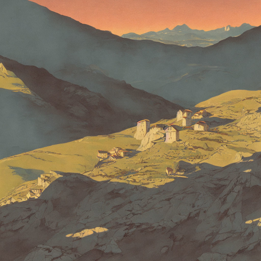 Illustrated landscape of village nestled in rolling hills under warm sky