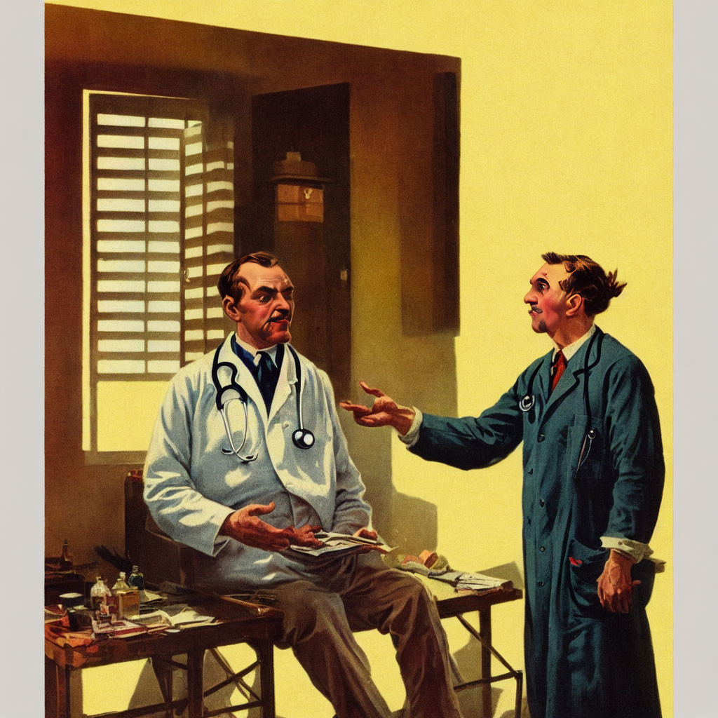 Vintage-Style Illustrated Men in Medical Attire Conversing in Office Setting