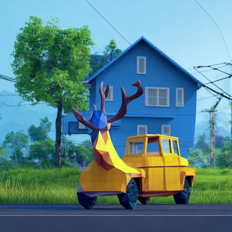 Colorful low-poly image of yellow car with blue moose sculpture parked by roadside