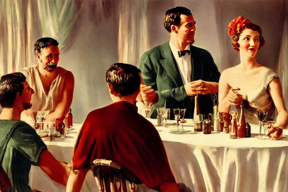 Vintage-style image: Six people at dining table with drinks, four men and two women chatting.