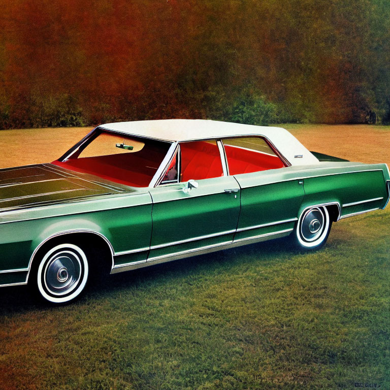 Vintage Green Four-Door Sedan with White Roof and Red Interior on Grass