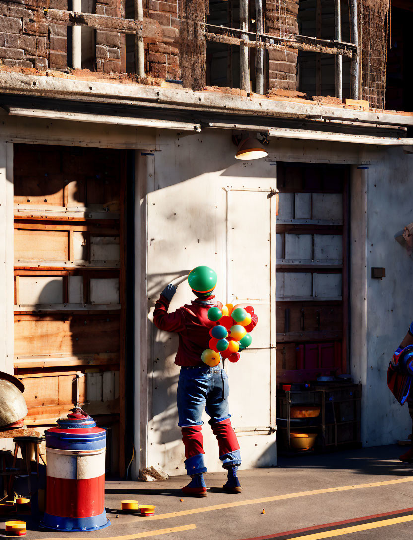 Colorful Outfit Person Holding Balloons by Vintage Building