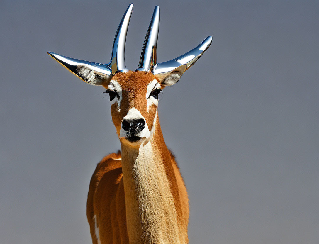 Shiny metallic horns on antelope against blurred grey background