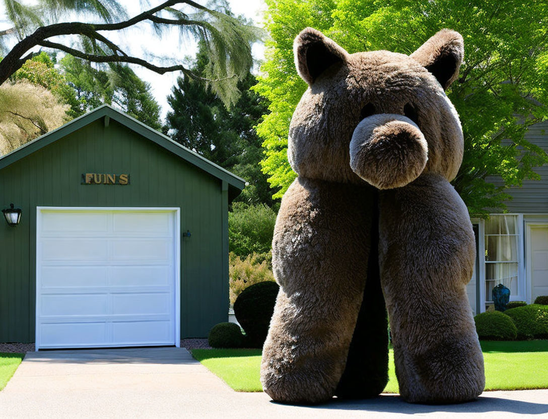 Giant Plush Teddy Bear in Front of House with "FUN'S" Garage