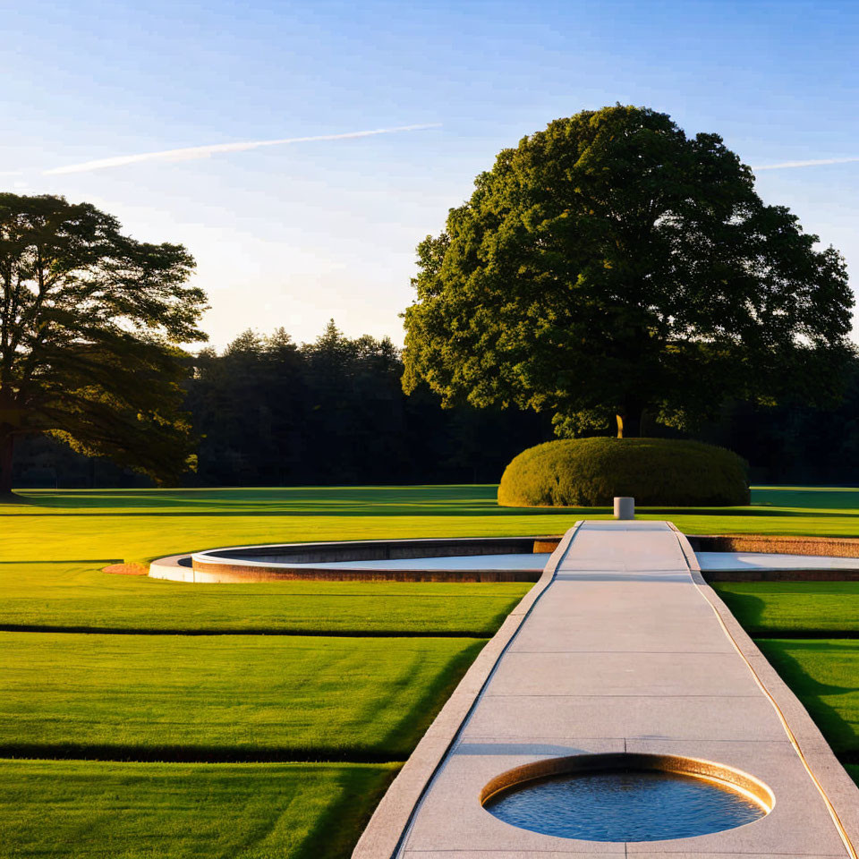 Manicured garden with pathway, water feature, and sunset sky